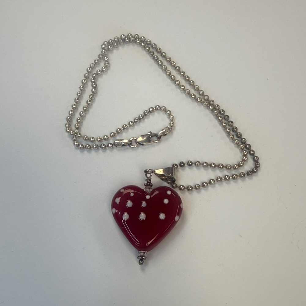 Red Heart Pendant Necklace with Silver Bead Chain
